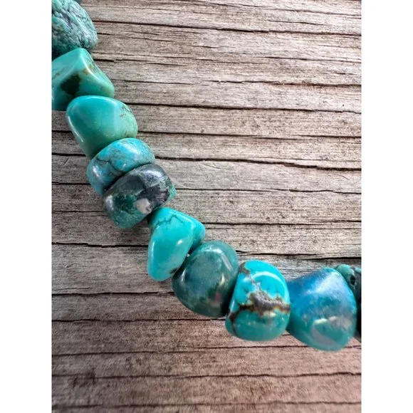 Vintage Turquoise Nugget Bead Necklace Sterling Silver Ends Hook Clasp Southwest - Picture 7 of 11